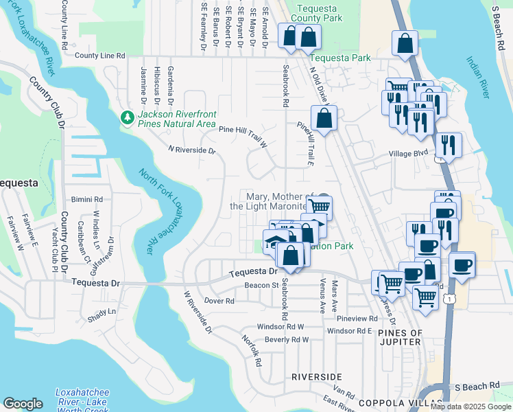 map of restaurants, bars, coffee shops, grocery stores, and more near 30 Shay Place in Jupiter