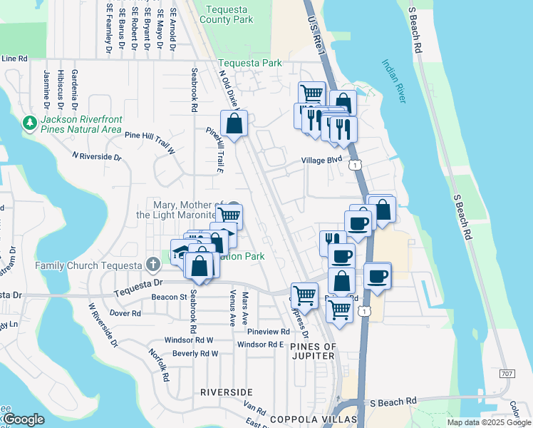 map of restaurants, bars, coffee shops, grocery stores, and more near 428 North Cypress Drive in Jupiter
