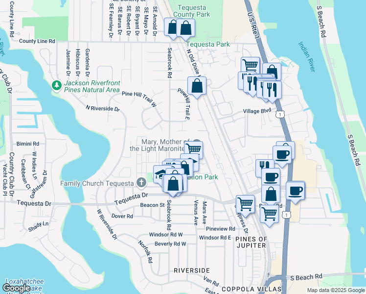 map of restaurants, bars, coffee shops, grocery stores, and more near 19 Pinetree Circle in Jupiter