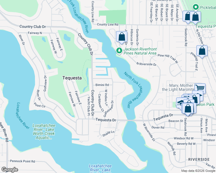 map of restaurants, bars, coffee shops, grocery stores, and more near 19448 West Indies Lane in Jupiter