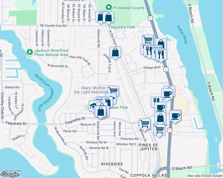 map of restaurants, bars, coffee shops, grocery stores, and more near 24 Pinetree Circle in Jupiter