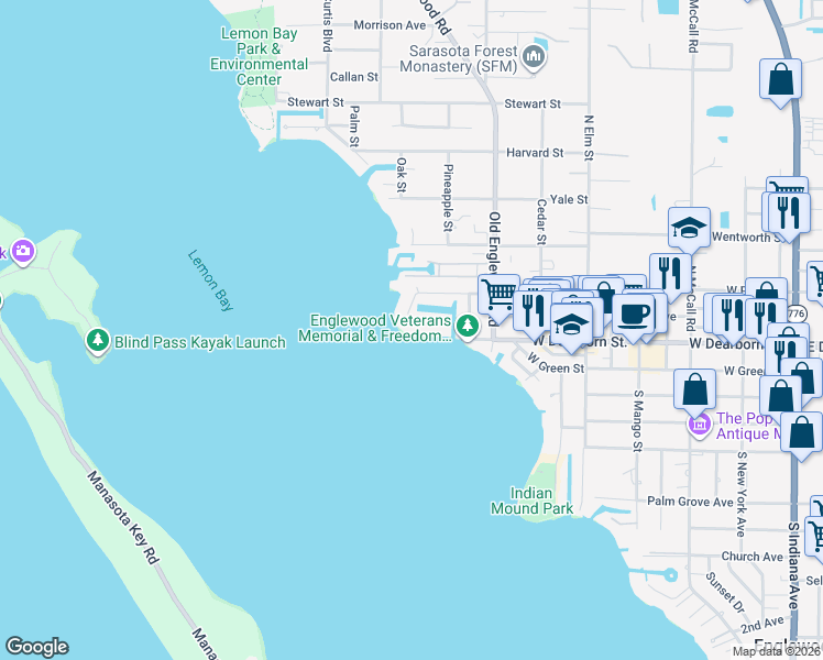 map of restaurants, bars, coffee shops, grocery stores, and more near 28 Southwind Drive in Englewood