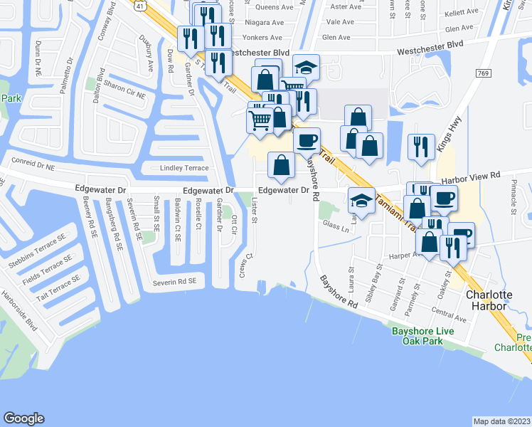 map of restaurants, bars, coffee shops, grocery stores, and more near 4331 Willow Street in Port Charlotte