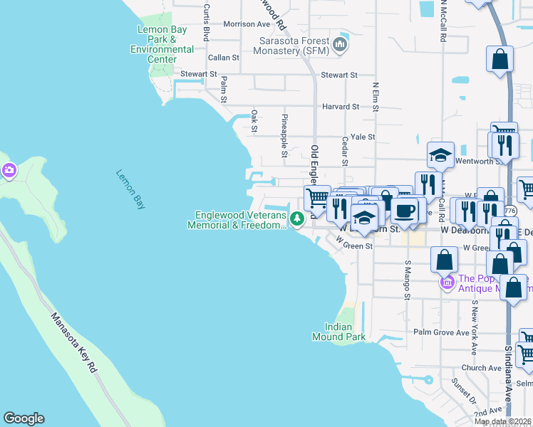 map of restaurants, bars, coffee shops, grocery stores, and more near 21 Southwind Drive in Englewood