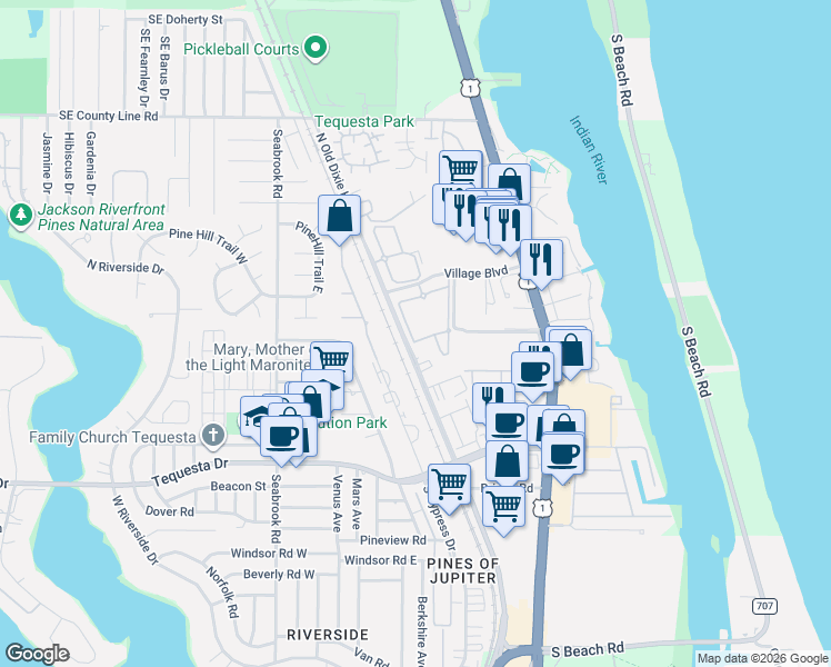 map of restaurants, bars, coffee shops, grocery stores, and more near 521 Old Dixie Hwy in Jupiter