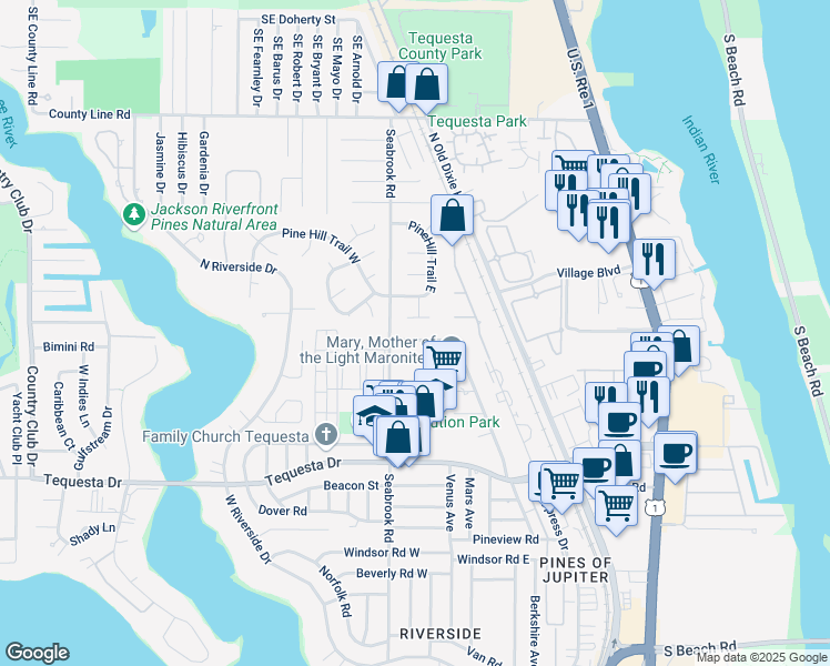 map of restaurants, bars, coffee shops, grocery stores, and more near 19 Pinetree Circle in Jupiter