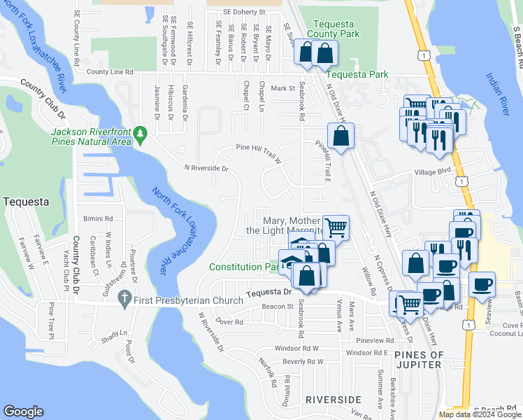 map of restaurants, bars, coffee shops, grocery stores, and more near 30 Shay Place in Jupiter