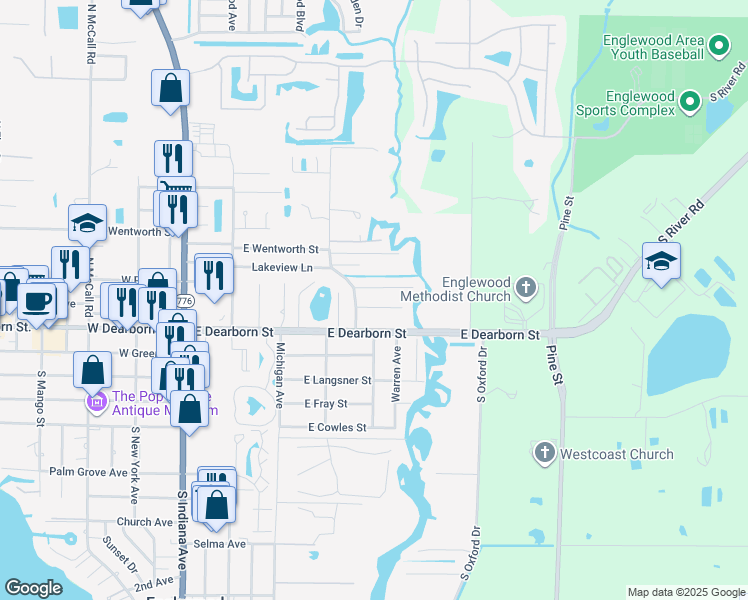 map of restaurants, bars, coffee shops, grocery stores, and more near 402 East Dearborn Street in Englewood