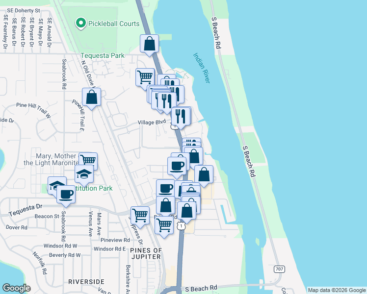 map of restaurants, bars, coffee shops, grocery stores, and more near 3515 U.S. 1 in Jupiter