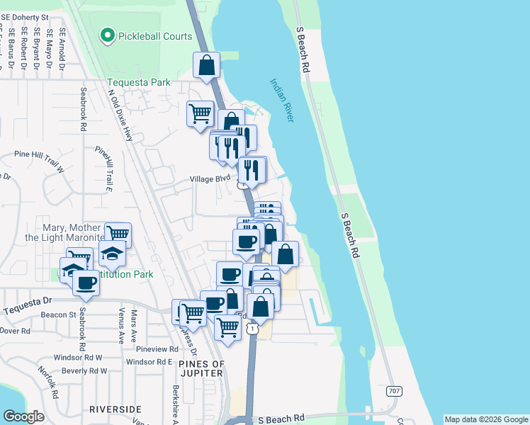map of restaurants, bars, coffee shops, grocery stores, and more near 3421 Harbor Road South in Jupiter
