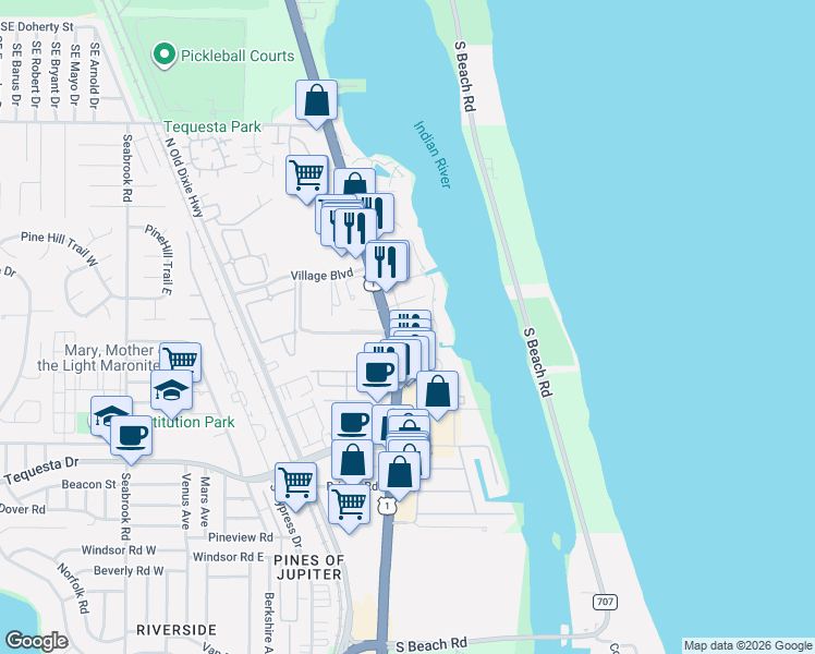 map of restaurants, bars, coffee shops, grocery stores, and more near 3421 Harbor Road South in Jupiter