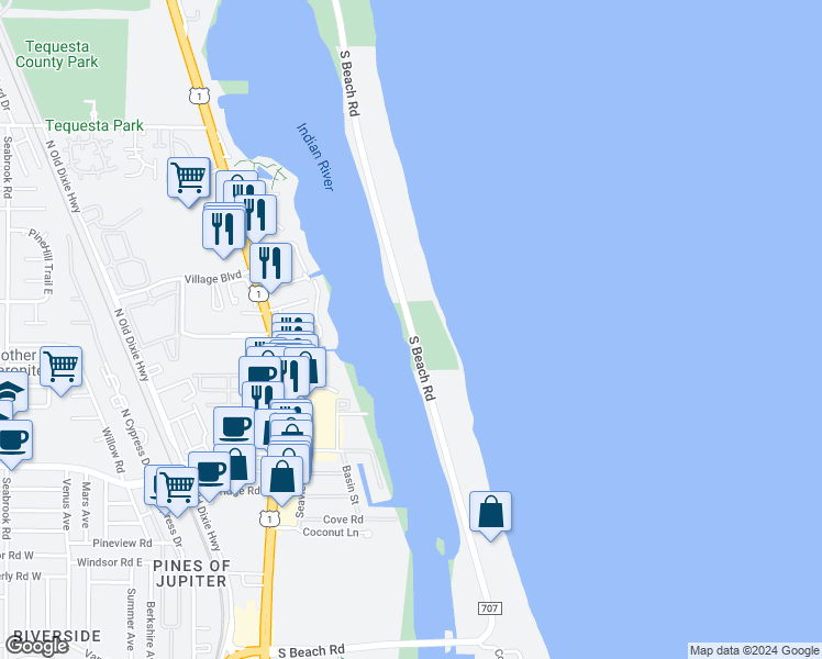 map of restaurants, bars, coffee shops, grocery stores, and more near 6151 South Beach Road in Tequesta