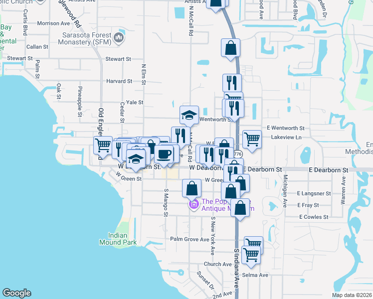 map of restaurants, bars, coffee shops, grocery stores, and more near 96 North McCall Road in Englewood
