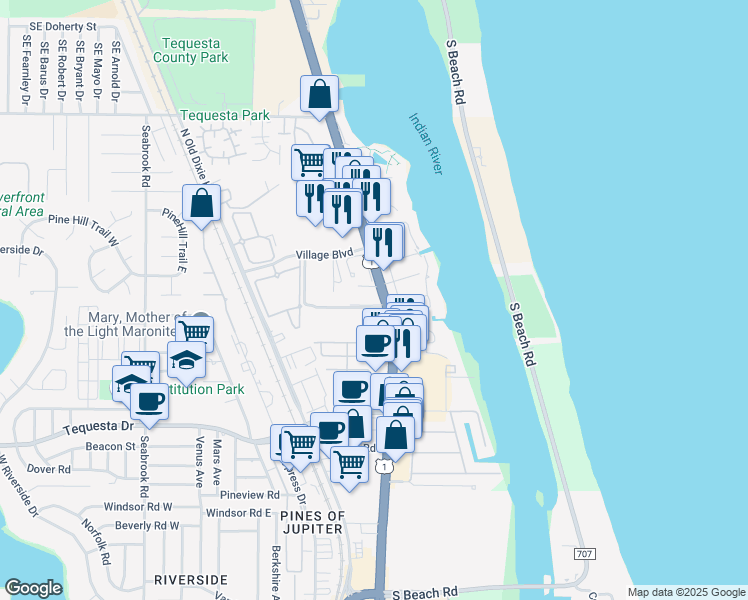 map of restaurants, bars, coffee shops, grocery stores, and more near 218 U.S. 1 in Tequesta