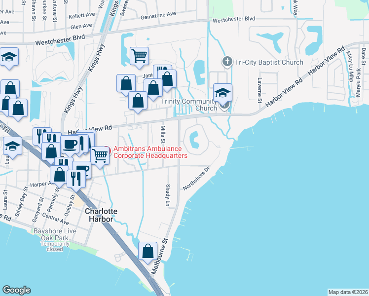 map of restaurants, bars, coffee shops, grocery stores, and more near 23465 Harborview Road in Port Charlotte