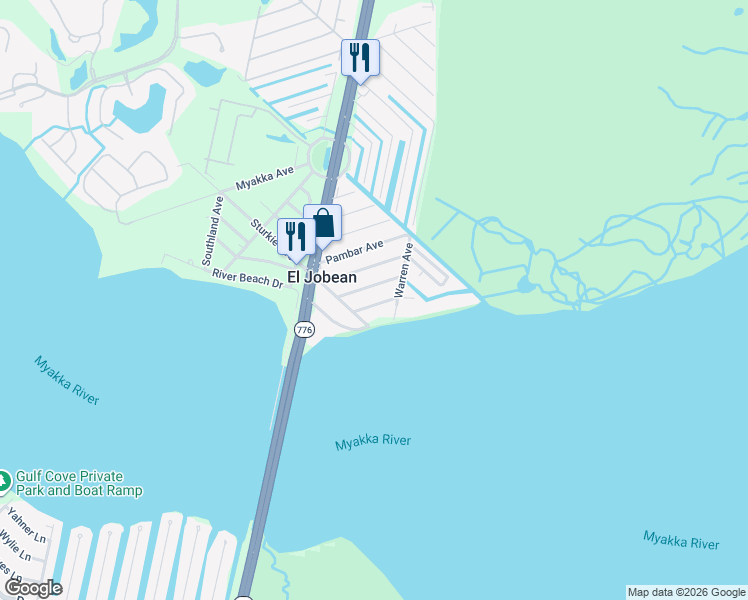 map of restaurants, bars, coffee shops, grocery stores, and more near 14428 Stephens Road in Port Charlotte
