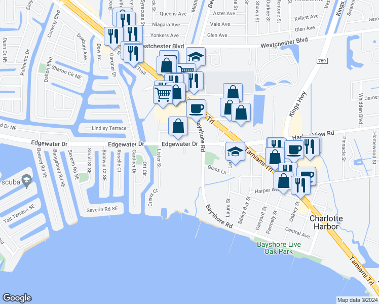 map of restaurants, bars, coffee shops, grocery stores, and more near 22333 Edgewater Drive in Port Charlotte