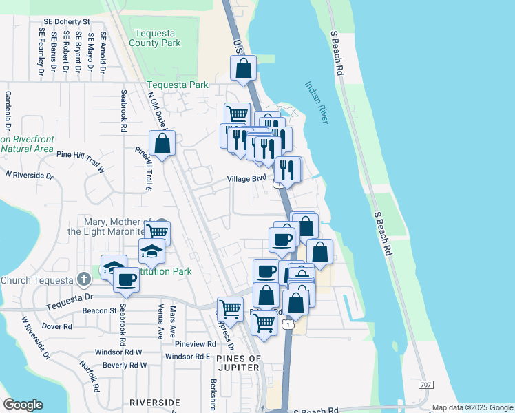 map of restaurants, bars, coffee shops, grocery stores, and more near 212 U.S. 1 in Tequesta