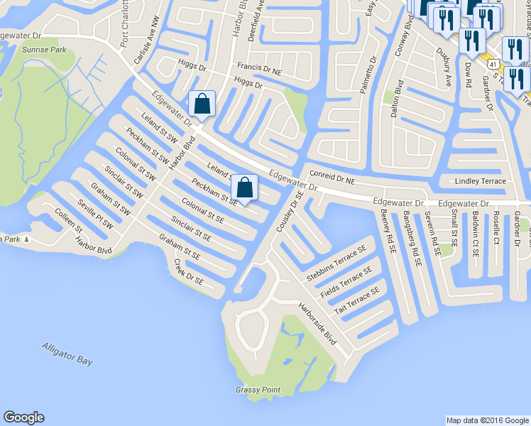 map of restaurants, bars, coffee shops, grocery stores, and more near 148 Peckham Street Southeast in Port Charlotte
