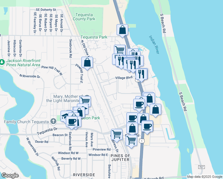 map of restaurants, bars, coffee shops, grocery stores, and more near 236 Village Boulevard in Jupiter