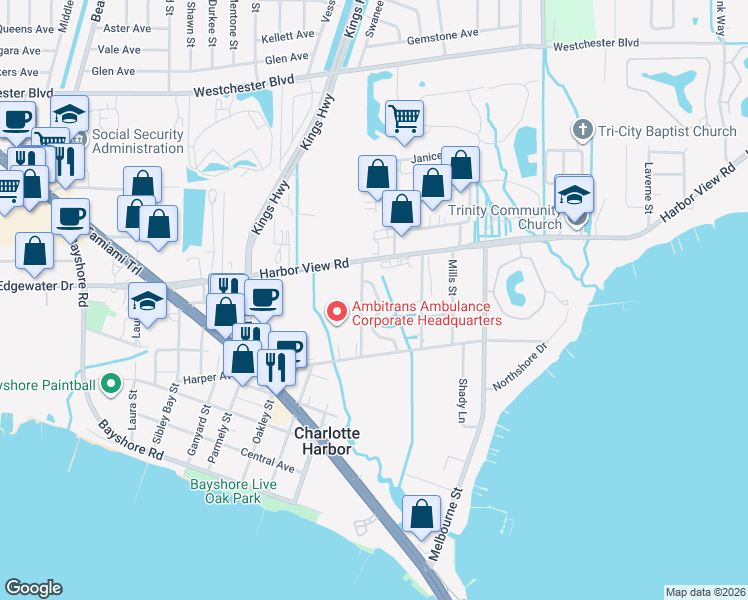 map of restaurants, bars, coffee shops, grocery stores, and more near 4308 Pinnacle Street in Port Charlotte