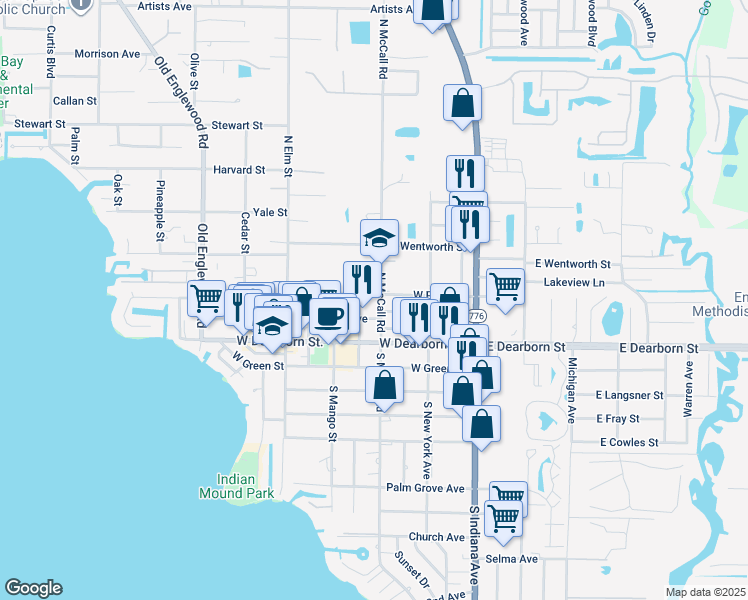 map of restaurants, bars, coffee shops, grocery stores, and more near 96 North McCall Road in Englewood
