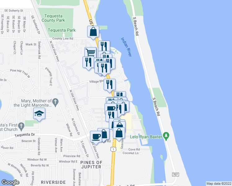 map of restaurants, bars, coffee shops, grocery stores, and more near 777 U.S. 1 in Tequesta
