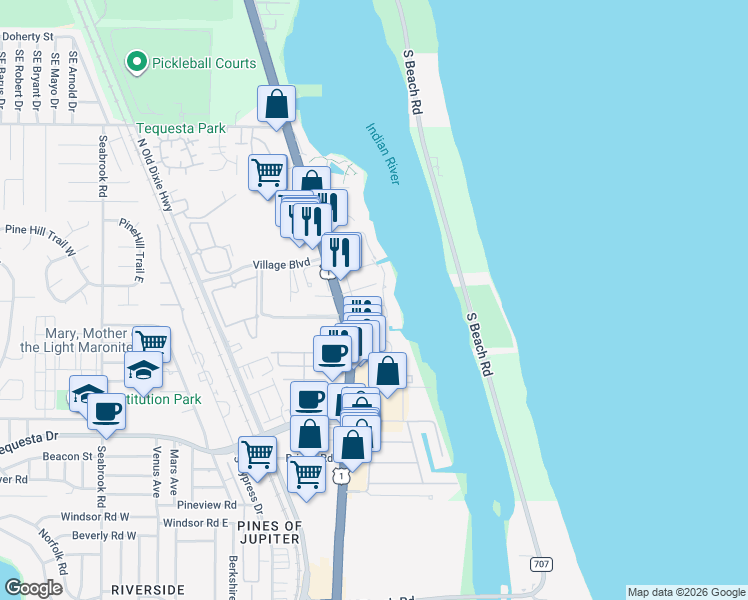 map of restaurants, bars, coffee shops, grocery stores, and more near 3421 Harbor Road South in Jupiter