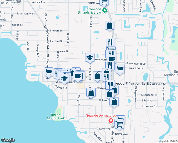 map of restaurants, bars, coffee shops, grocery stores, and more near 96 North McCall Road in Englewood