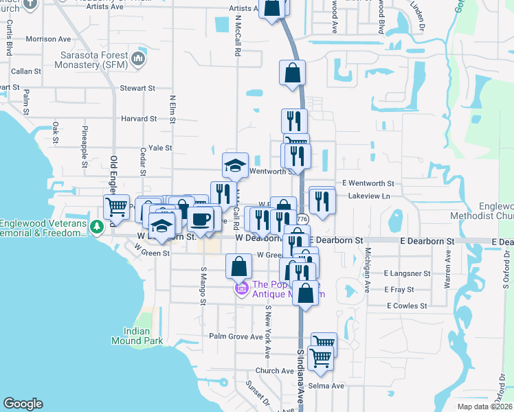 map of restaurants, bars, coffee shops, grocery stores, and more near 143 West Perry Lane in Englewood