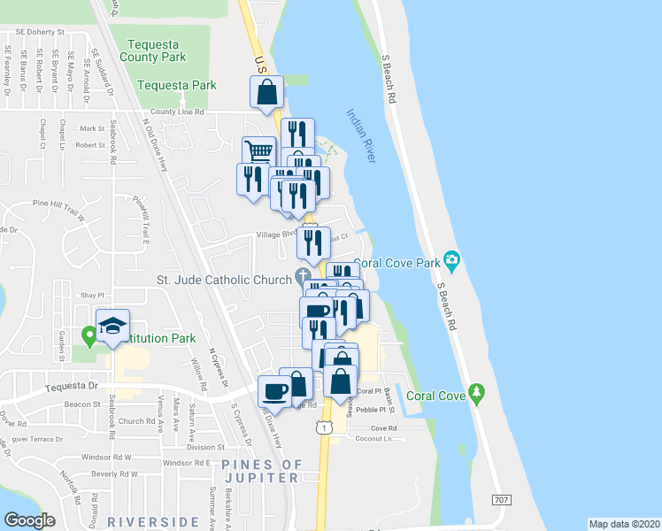 map of restaurants, bars, coffee shops, grocery stores, and more near 777 U.S. 1 in Tequesta