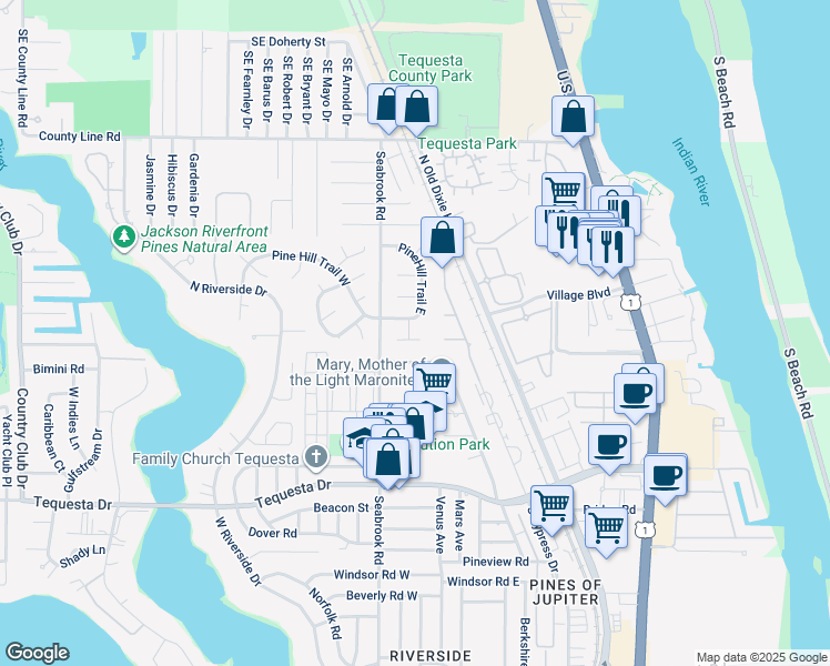 map of restaurants, bars, coffee shops, grocery stores, and more near 14 Oak Ridge Lane in Jupiter