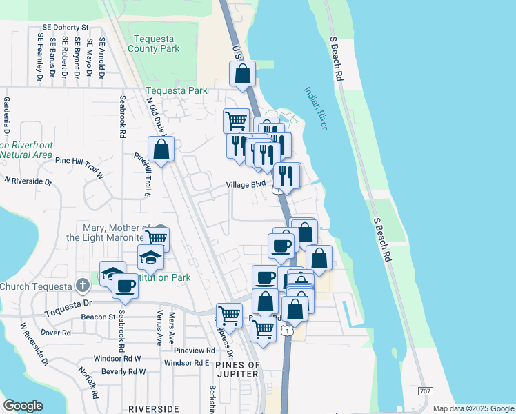 map of restaurants, bars, coffee shops, grocery stores, and more near 212 U.S. 1 in Tequesta