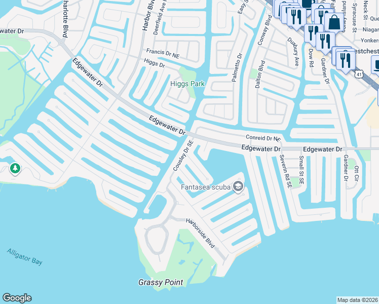 map of restaurants, bars, coffee shops, grocery stores, and more near 109 Cousley Drive Southeast in Port Charlotte