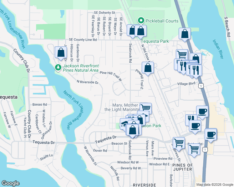 map of restaurants, bars, coffee shops, grocery stores, and more near 28 Hickory Hill Road in Jupiter