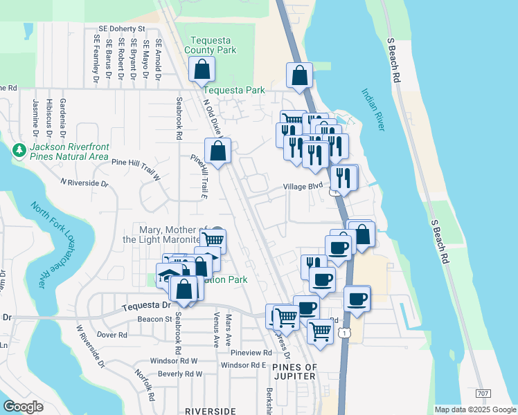 map of restaurants, bars, coffee shops, grocery stores, and more near 542 North Cypress Drive in Jupiter