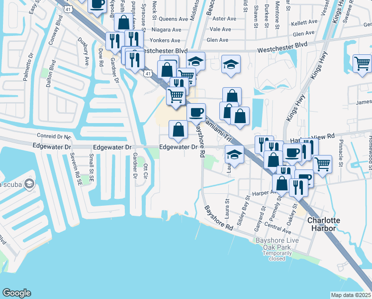 map of restaurants, bars, coffee shops, grocery stores, and more near 22333 Edgewater Drive in Port Charlotte