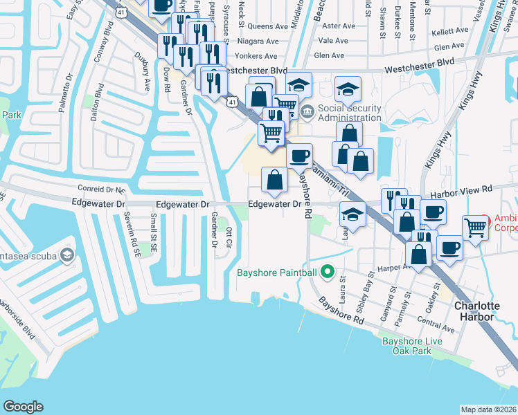 map of restaurants, bars, coffee shops, grocery stores, and more near 22375 Edgewater Drive in Port Charlotte
