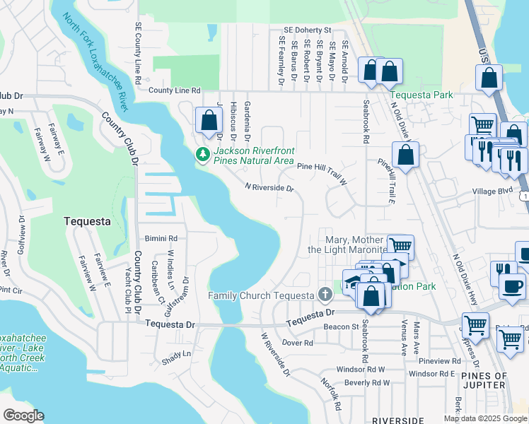 map of restaurants, bars, coffee shops, grocery stores, and more near 19647 North Riverside Drive in Jupiter