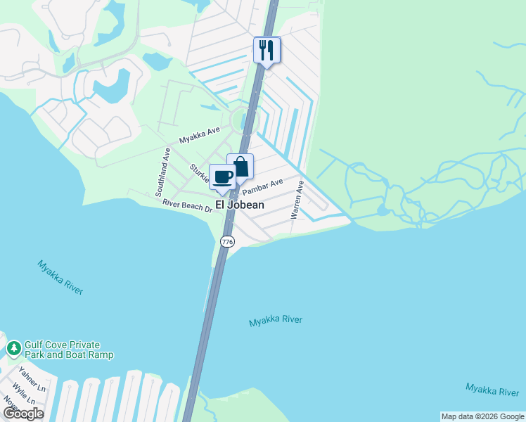 map of restaurants, bars, coffee shops, grocery stores, and more near 14428 Stephens Road in Port Charlotte