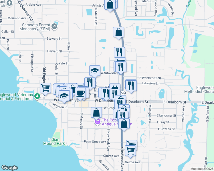 map of restaurants, bars, coffee shops, grocery stores, and more near 143 West Perry Lane in Englewood