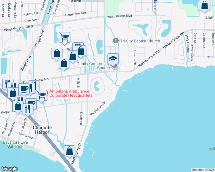 map of restaurants, bars, coffee shops, grocery stores, and more near 23465 Harbor View Road in Punta Gorda