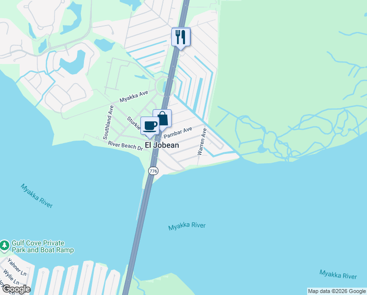 map of restaurants, bars, coffee shops, grocery stores, and more near 14428 Stephens Road in Port Charlotte