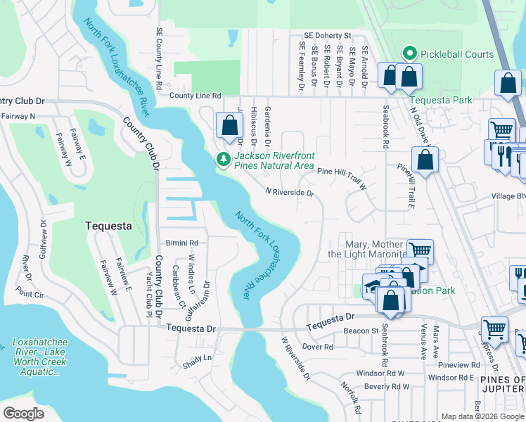 map of restaurants, bars, coffee shops, grocery stores, and more near 19655 North Riverside Drive in Jupiter