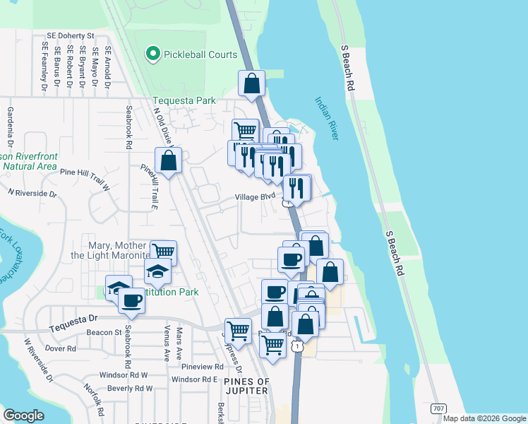 map of restaurants, bars, coffee shops, grocery stores, and more near 160 Village Boulevard in Tequesta