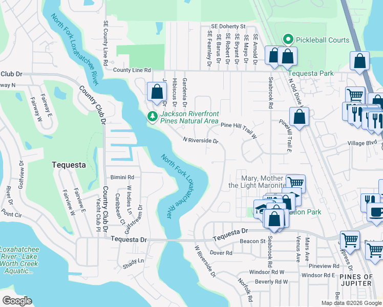 map of restaurants, bars, coffee shops, grocery stores, and more near 19647 North Riverside Drive in Jupiter
