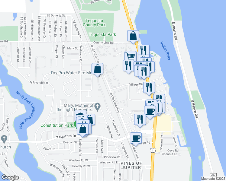 map of restaurants, bars, coffee shops, grocery stores, and more near 542 North Cypress Drive in Jupiter