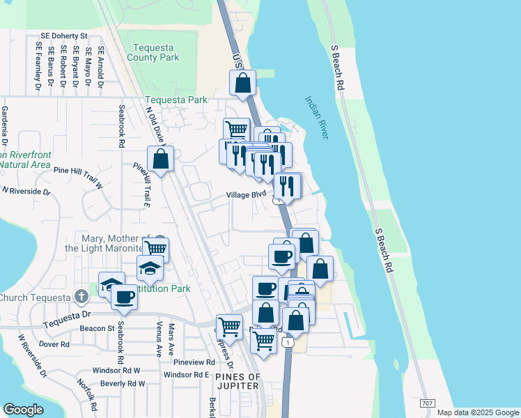 map of restaurants, bars, coffee shops, grocery stores, and more near 212 U.S. 1 in Tequesta