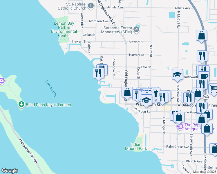 map of restaurants, bars, coffee shops, grocery stores, and more near 50 Southwind Drive in Englewood