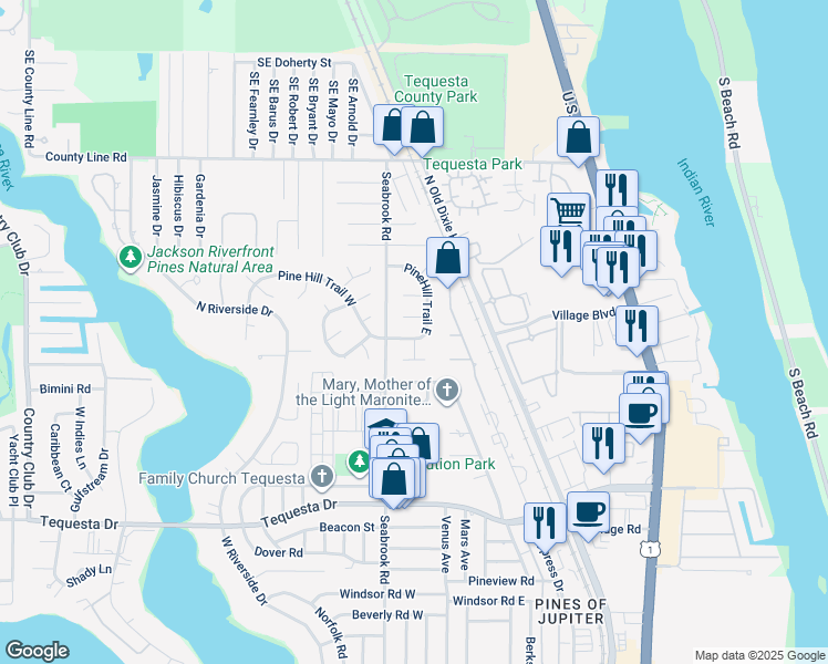map of restaurants, bars, coffee shops, grocery stores, and more near 14 Oak Ridge Lane in Jupiter